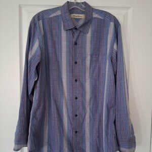 Tommy Bahama Shirt Men Large Purple Striped Silk Cotton Blend Long Sleeve